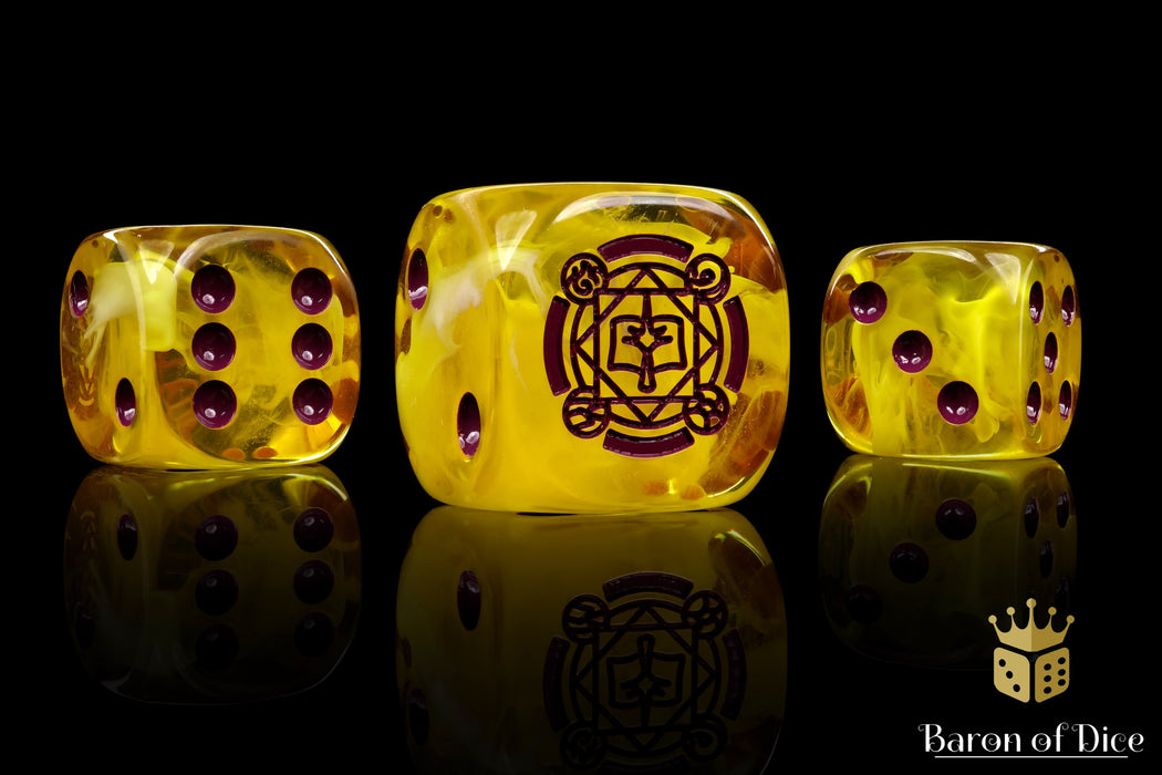 Sorcerer Kings Faction Dice on Grey and Magenta swirl Dice