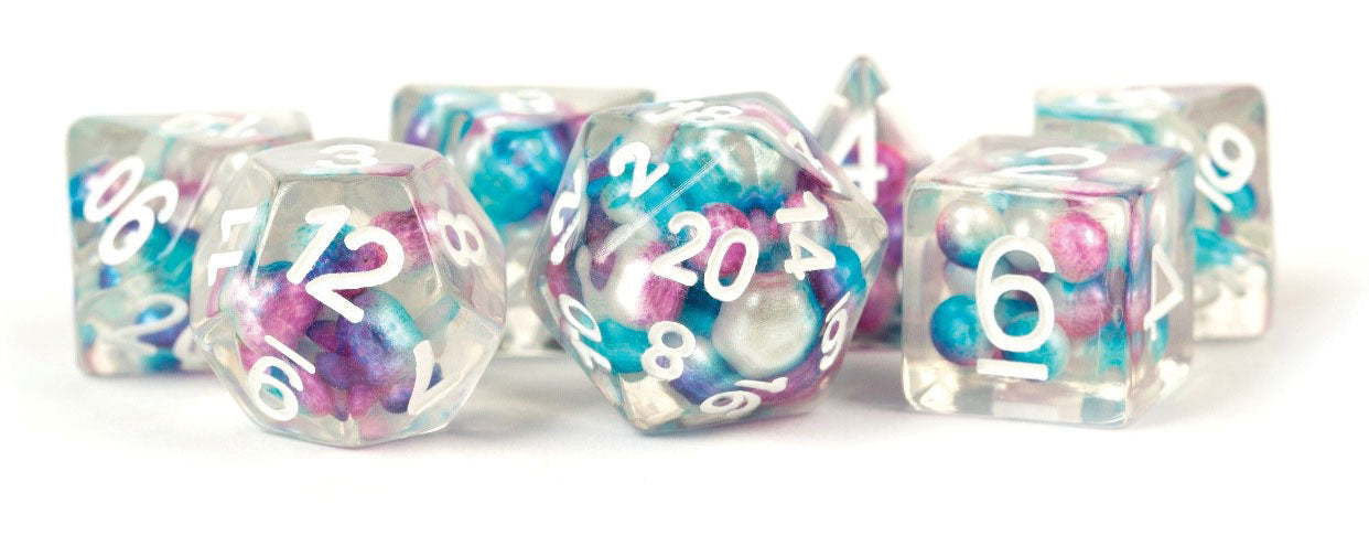 Pearl Resin 16mm Poly Dice Set: Gradient Purple/Teal/White Numbers (7)