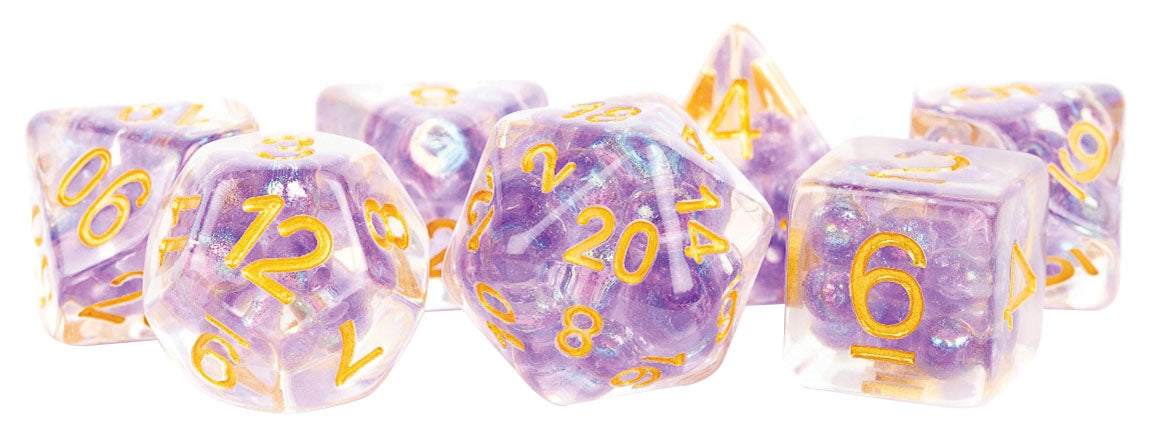 16mm Resin Poly Dice Set: Pearl Purple with Gold Numbers (7)