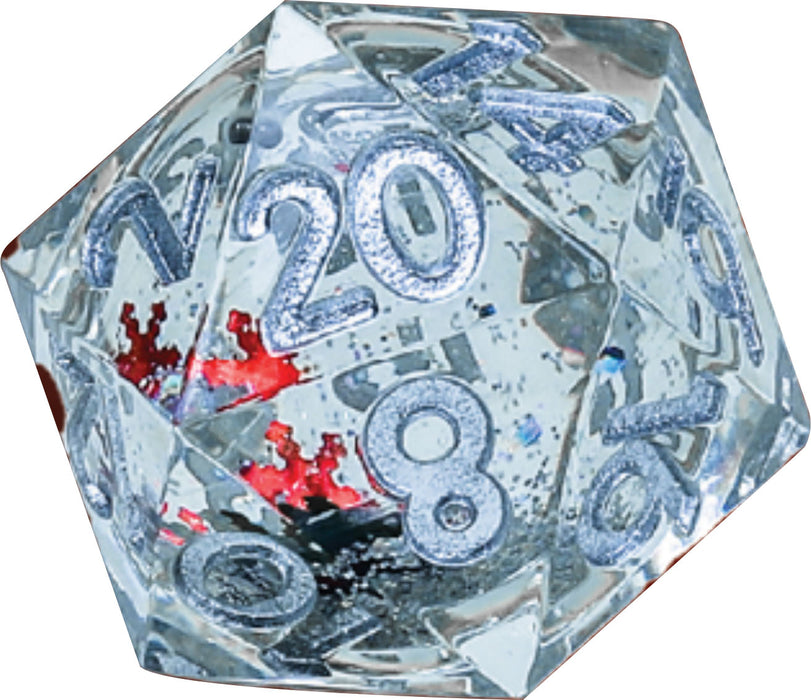 Snow Globe: 22mm Sharp Edged D20 - Silver Ink Silver Glitter Silver Green and Red Snowflakes