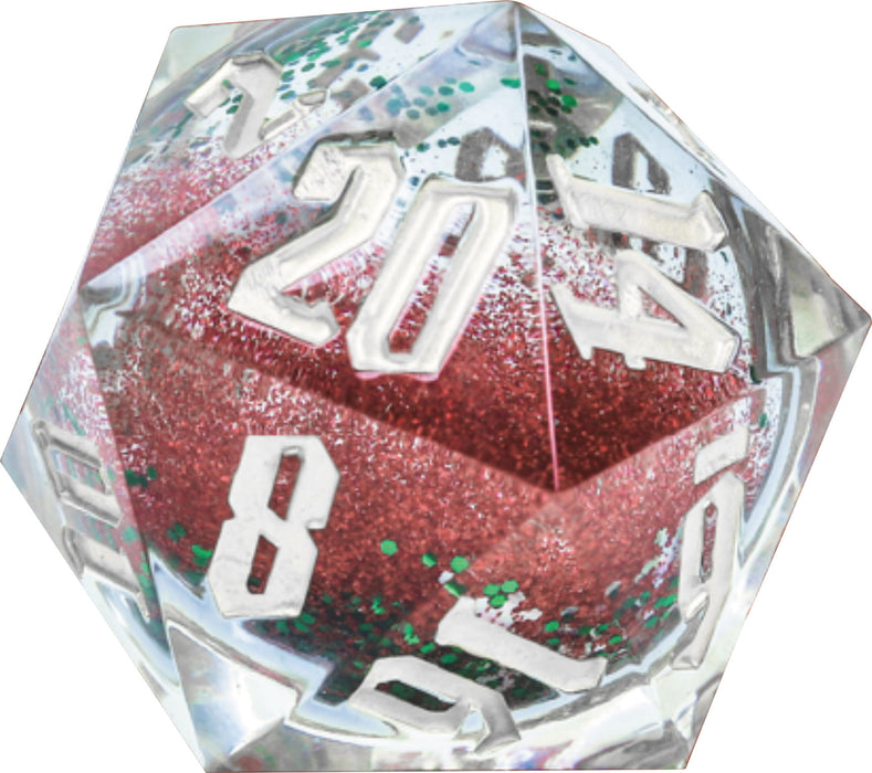 Snow Globe: 54mm D20 - Silver Ink Red and Green Glitter Silver Snowflakes