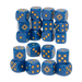 An image of 20 6-sided dice which are coloured blue with orange-gold dots on the faces to represent number values 1-5. The 6 value is instead shown as a sun symbol in the same orange color.