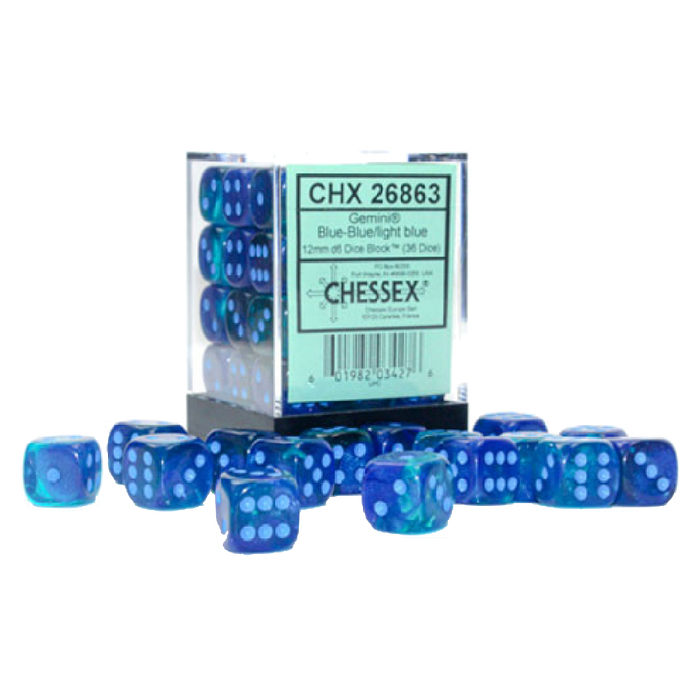 GEMINI® 12MM D6 BLUE-BLUE/LIGHT BLUE LUMINARY™ DICE BLOCK™ (36 DICE)