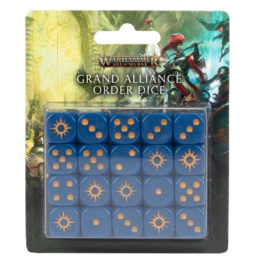 A package with the Warhammer: Age of Sigmar logo above the words "Grand Alliance Order Dice" in white font. The clear plastic shows a set of 20 6-sided dice which are blue with orange dots to represent the number values. The number 6 is replaced by an orange sun symbol which represents the Grand Alliance of Order.