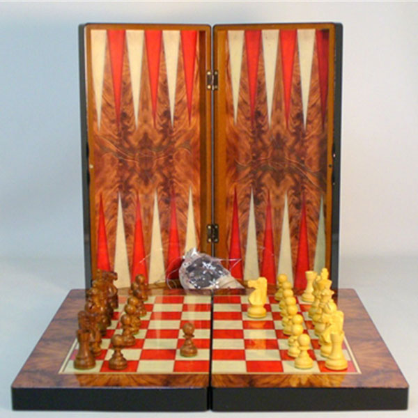 Backgammon: Burlwood Style Decoupage Backgammon with Chessboard Back 19`